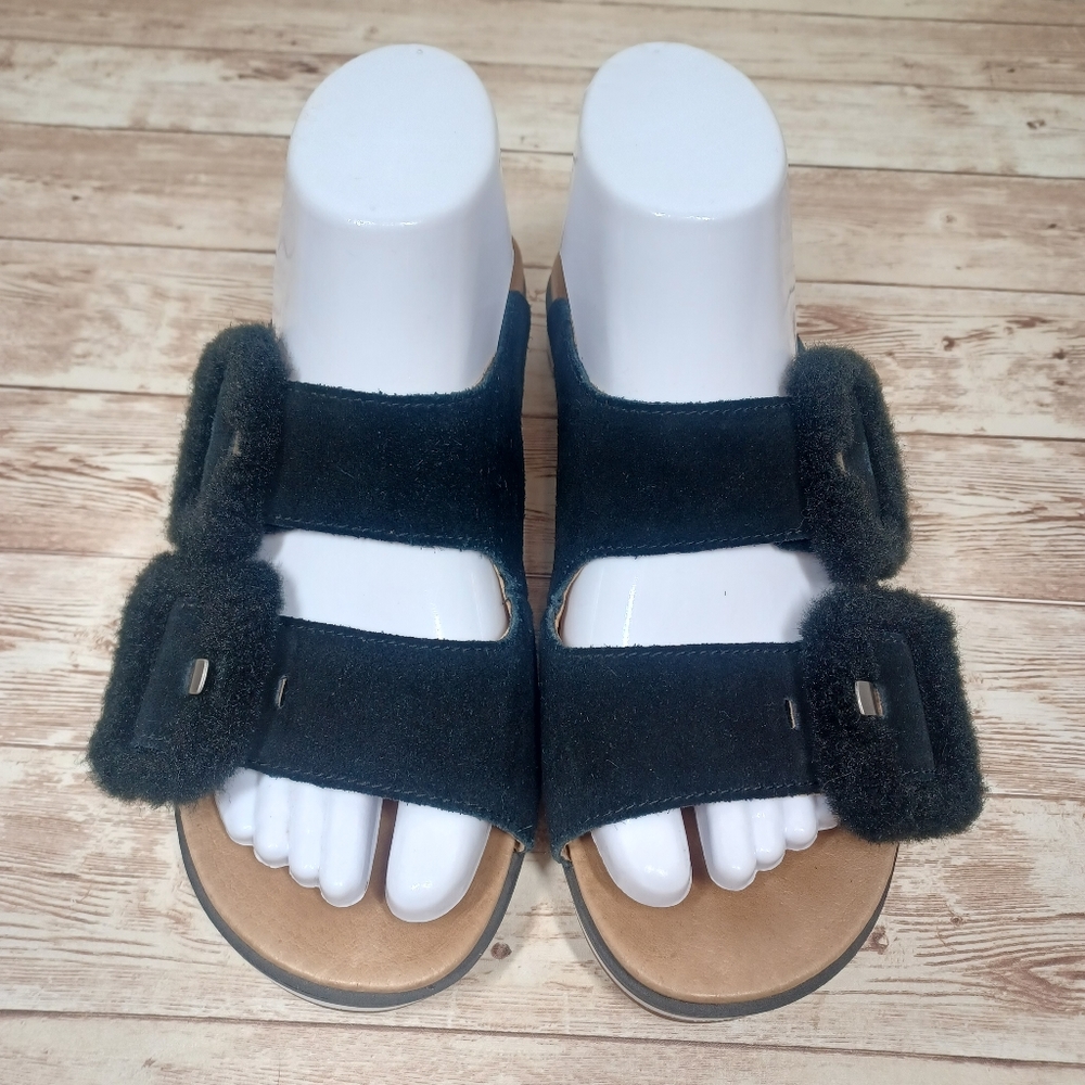 UGG Suede 2 Strap Slide On Sandals Fuzzy Buckle Women's Size 7 Black - Picture 4 of 14